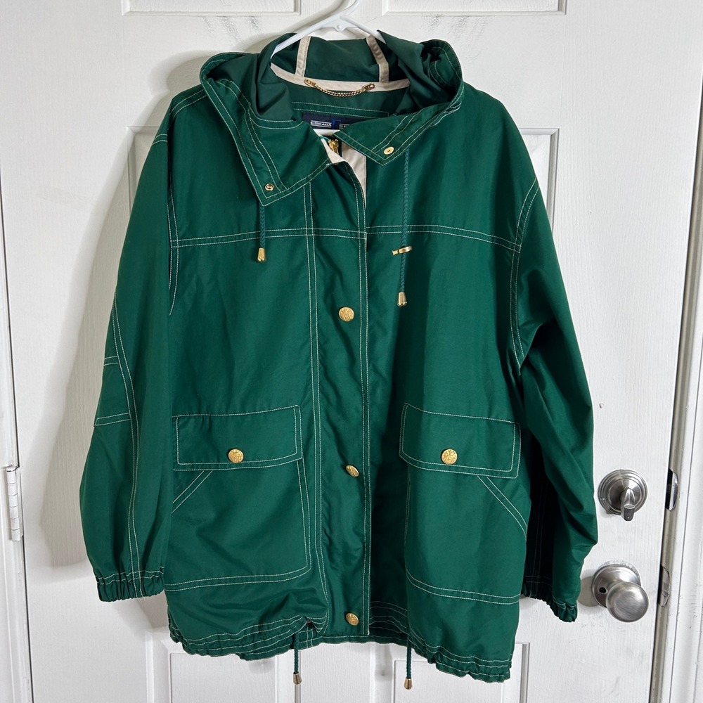 Vintage Escada Sport Hooded Windbreaker Jacket Womens S Green Logo Gold Hardware